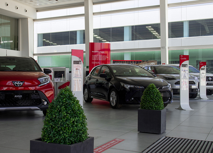 A row of display Toyotas in the Tomax showroom 