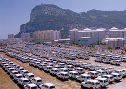 Many TGS truck parked up in lines in Gibraltar