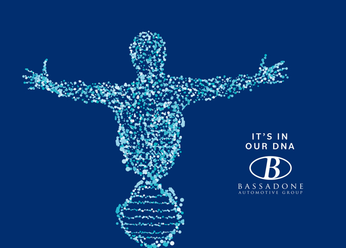 DNA strand in the shape of a person with It's in our DNA written and the Bassadone Automotive Group Logo next to it