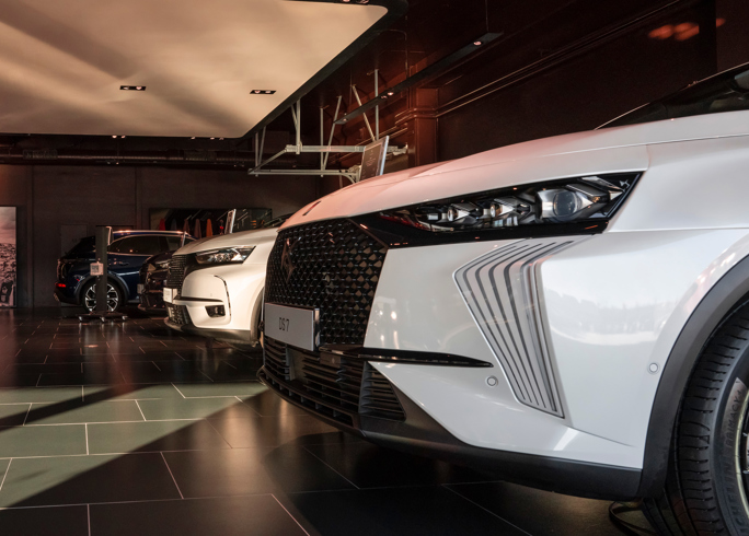 Close up of DS Automobile car front bumper in showroom